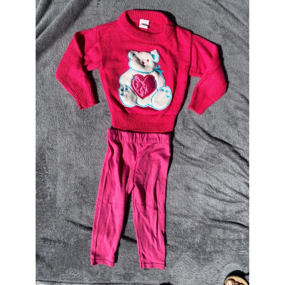 VTG‎ Brights Creek Sweater Leggings Set Teddy Bear Applique Pink Toddler 3T